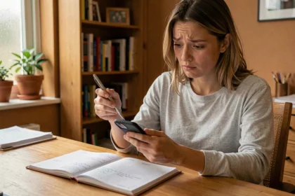 Femme consultant son smartphone et un agenda papier avec des annotations AM PM pour comprendre le format horaire