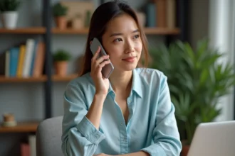 Femme utilisant un smartphone pour appeler la Grèce depuis un fixe ou un mobile avec l'indicatif 30