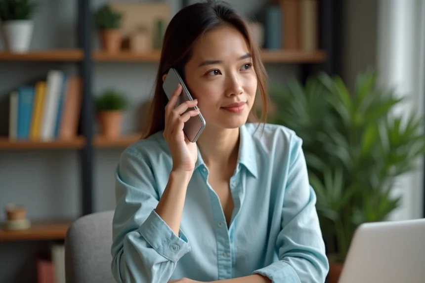 Femme utilisant un smartphone pour appeler la Grèce depuis un fixe ou un mobile avec l'indicatif 30