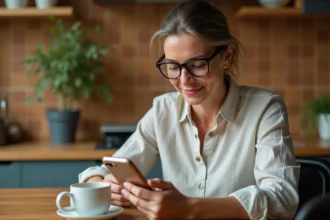 Femme consultant l'application sabradou62 sur son smartphone pour trouver des brocantes locales