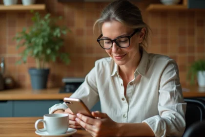 Femme consultant l'application sabradou62 sur son smartphone pour trouver des brocantes locales