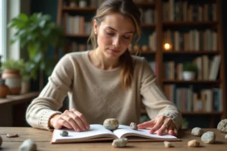 Femme arrangeant des pierres protectrices sur un bureau lumineux