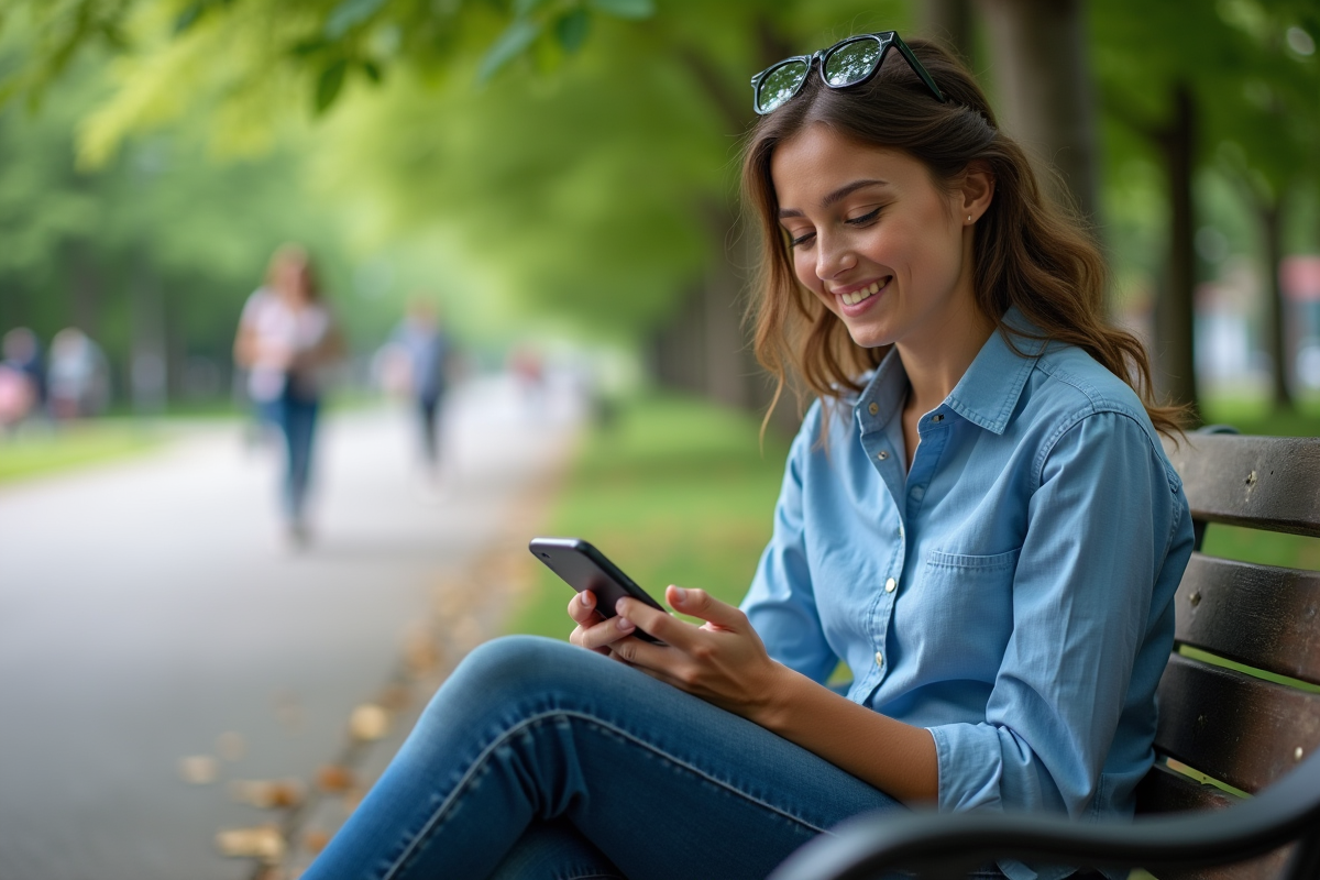 Femme souriante utilisant son smartphone dans un parc urbain
