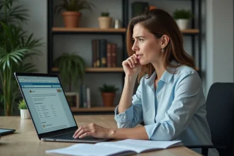 Femme d affaires réfléchie avec ordinateur et chatgpt