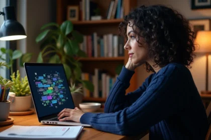 Femme concentrée devant un écran affichant des visualisations de graphes sémantiques et nuages de mots pour illustrer l'intelligence artificielle et les jeux sémantiques