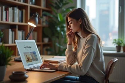 Femme assise à un bureau moderne utilisant un laptop avec site rabbitfinder