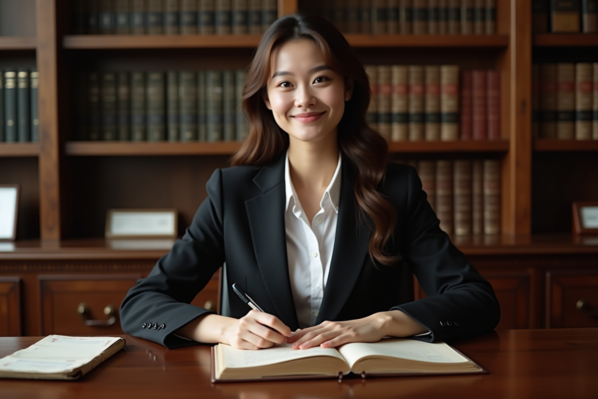 Jeune femme lisant un registre dans un bureau classique
