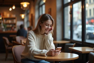 Jeune femme souriante au café avec smartphone