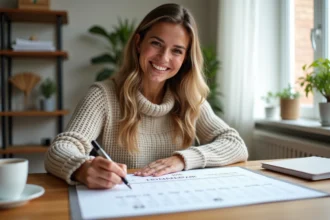 Femme souriante avec calendrier 2026 sur la table
