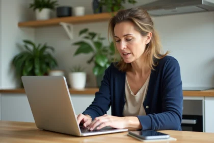 Femme d'âge moyen utilisant son téléphone et son ordinateur dans une cuisine lumineuse