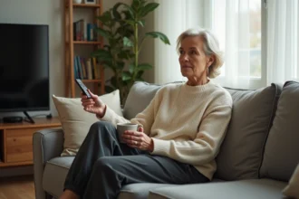 Femme choisissant un programme télévisé l'après-midi avec une télécommande dans la main, installée confortablement sur un canapé gris dans un salon cosy