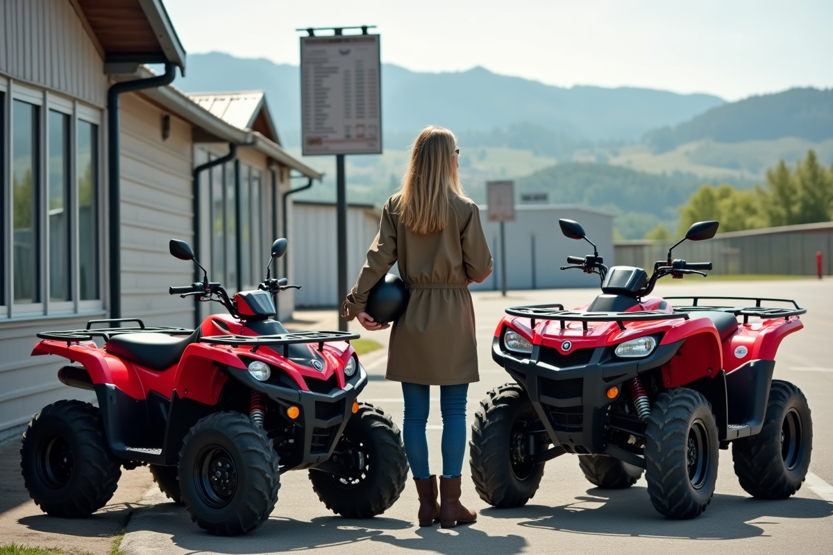 Femme examinant deux quads et une fiche prix en concession