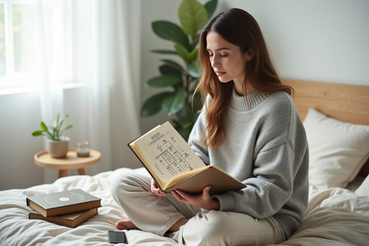 Jeune femme étudiant la compatibilité des signes astrologiques chinois dans sa chambre avec un journal et des livres
