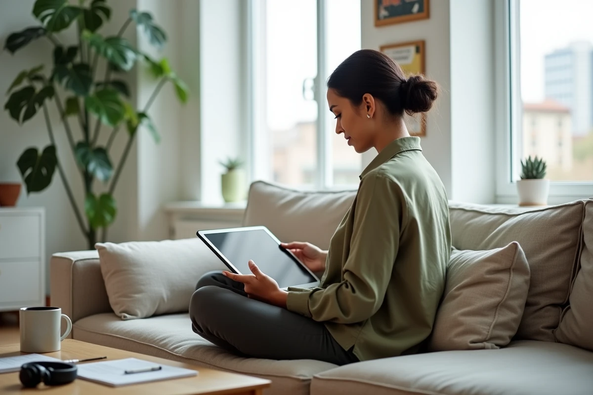 Femme consultant un blog média tech sur tablette dans un bureau à domicile moderne et minimaliste
