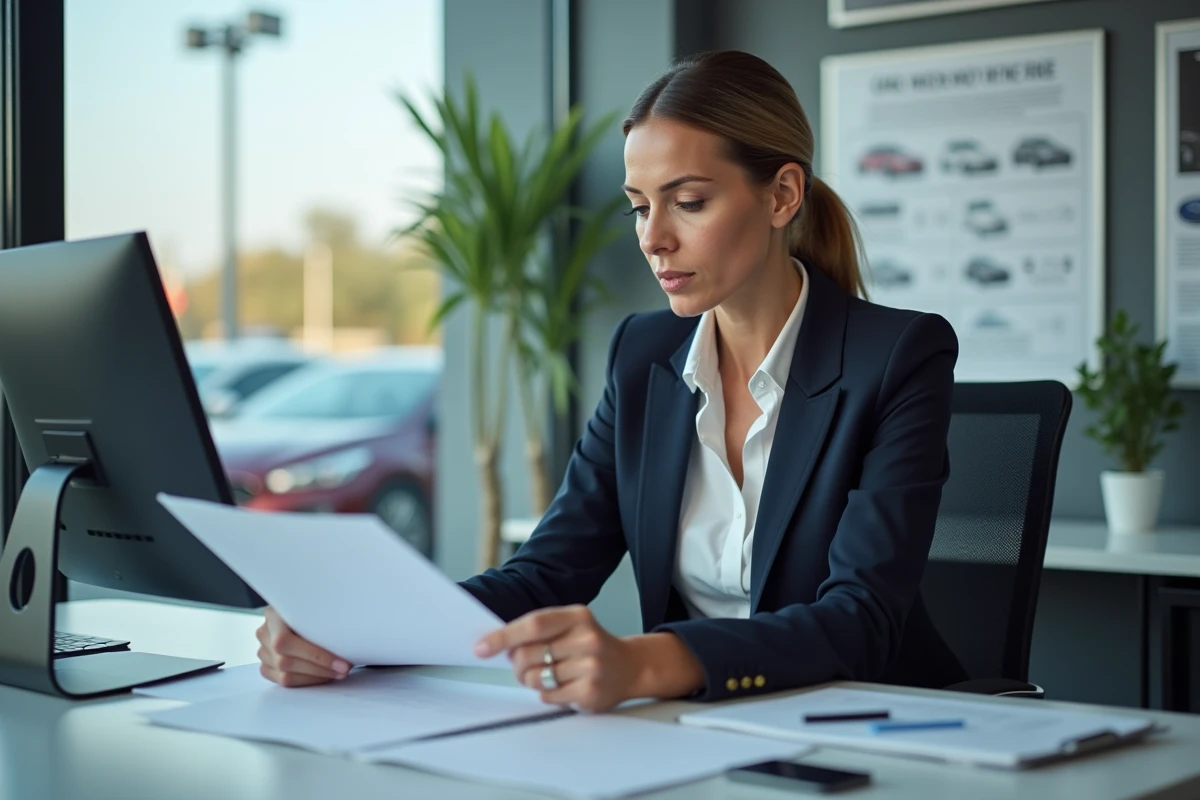 Femme d affaires examinant des papiers dans un bureau de concession