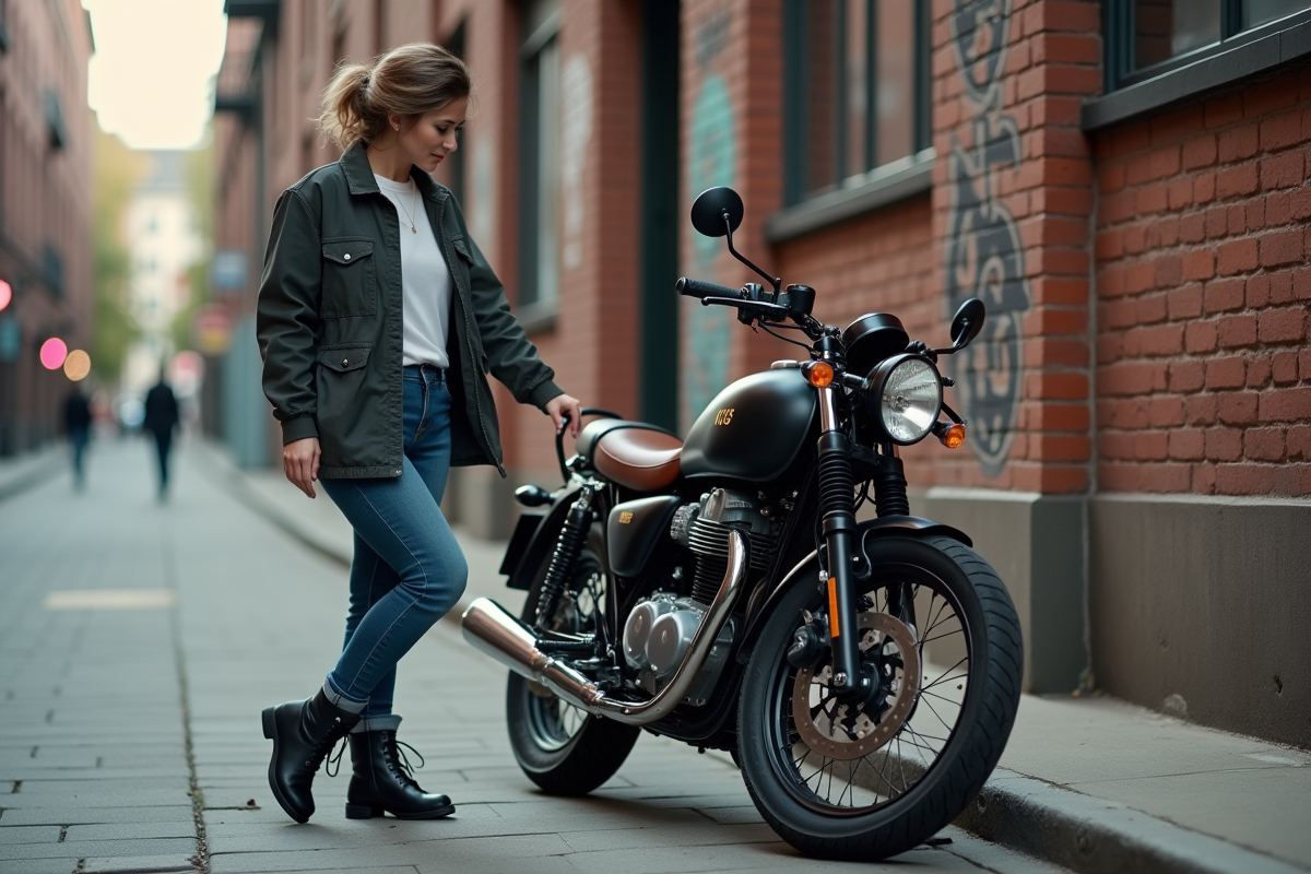 Femme admire sa Honda Dax sur une rue urbaine
