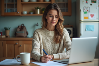 Femme assise à la table avec documents et ordinateur