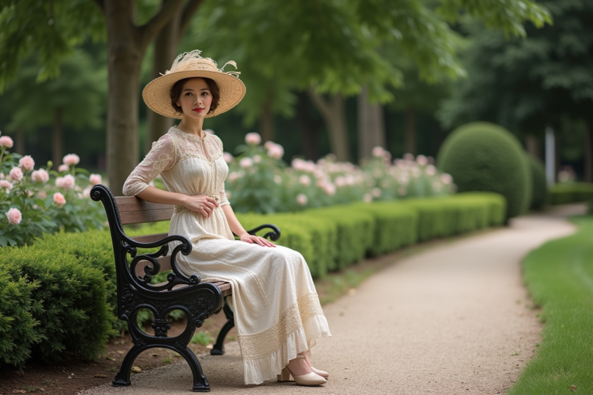 Femme élégante en robe de la Belle Époque assise dans un jardin