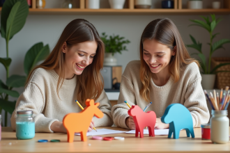 Femme et fille peignant des animaux en pate mache