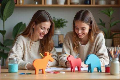 Femme et fille peignant des animaux en pate mache