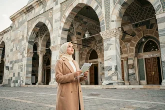 Femme en hijab découvrant l'entrée ornementée d'une mosquée à Strasbourg lors de sa première visite