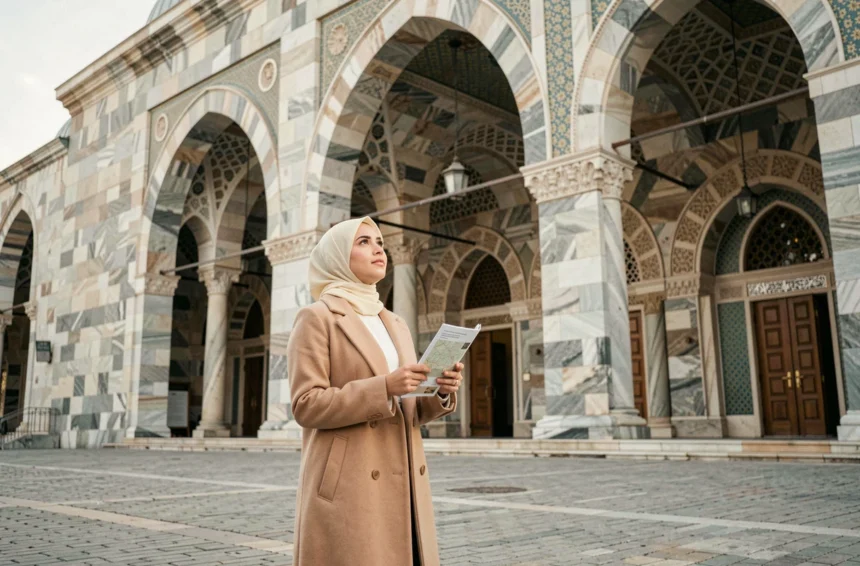 Femme en hijab découvrant l'entrée ornementée d'une mosquée à Strasbourg lors de sa première visite