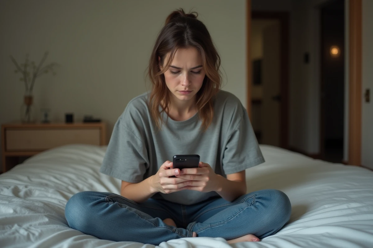 Femme épuisée sur son lit regardant son téléphone avec angoisse, évoquant la dépendance émotionnelle et les signes d'une relation amoureuse impossible et toxique