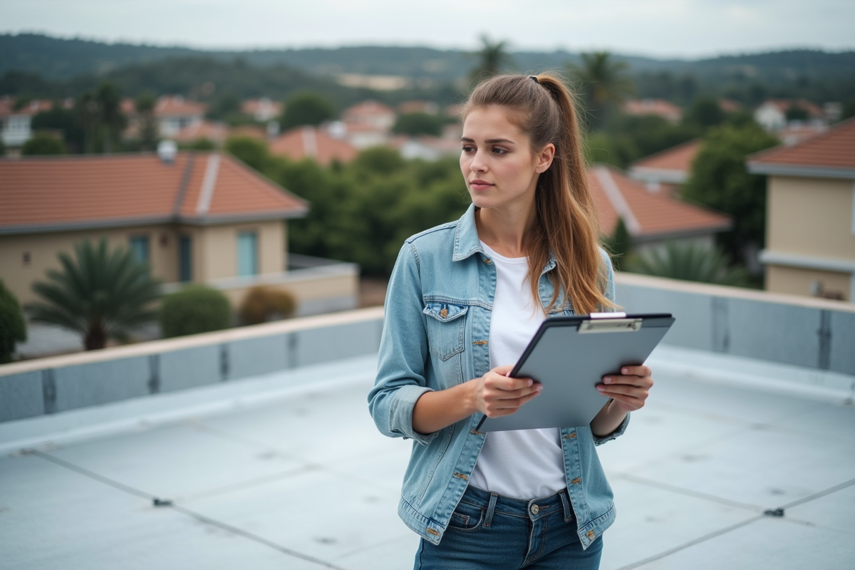 Jeune femme vérifiant une estimation sur un toit en construction