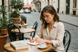 Femme écrivant dans un carnet avec un livre de grammaire française sur une terrasse de café parisienne