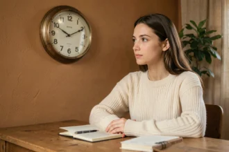 Jeune femme contemplant une horloge affichant 14h14 dans un intérieur chaleureux avec journal ouvert