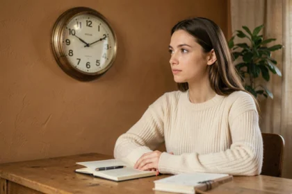 Jeune femme contemplant une horloge affichant 14h14 dans un intérieur chaleureux avec journal ouvert