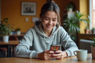 Jeune femme jouant à Monopoly GO sur smartphone depuis un bureau maison