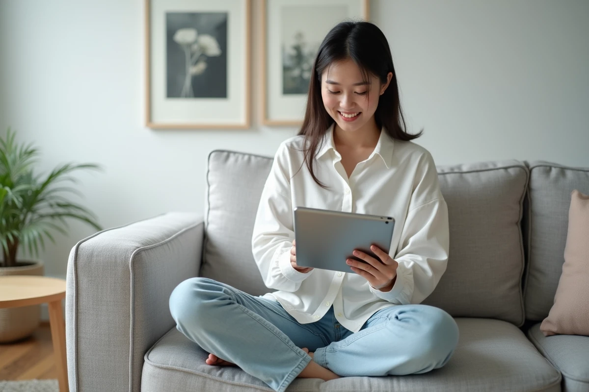 Femme lisant un manhwa coréen sur tablette dans un salon minimaliste scandinave