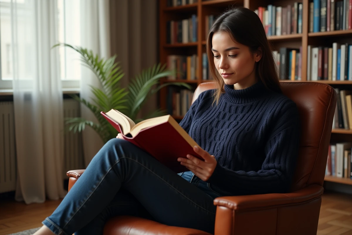 Femme lisant Le Rouge et le Noir de Stendhal dans un fauteuil en cuir dans un appartement moderne et cosy