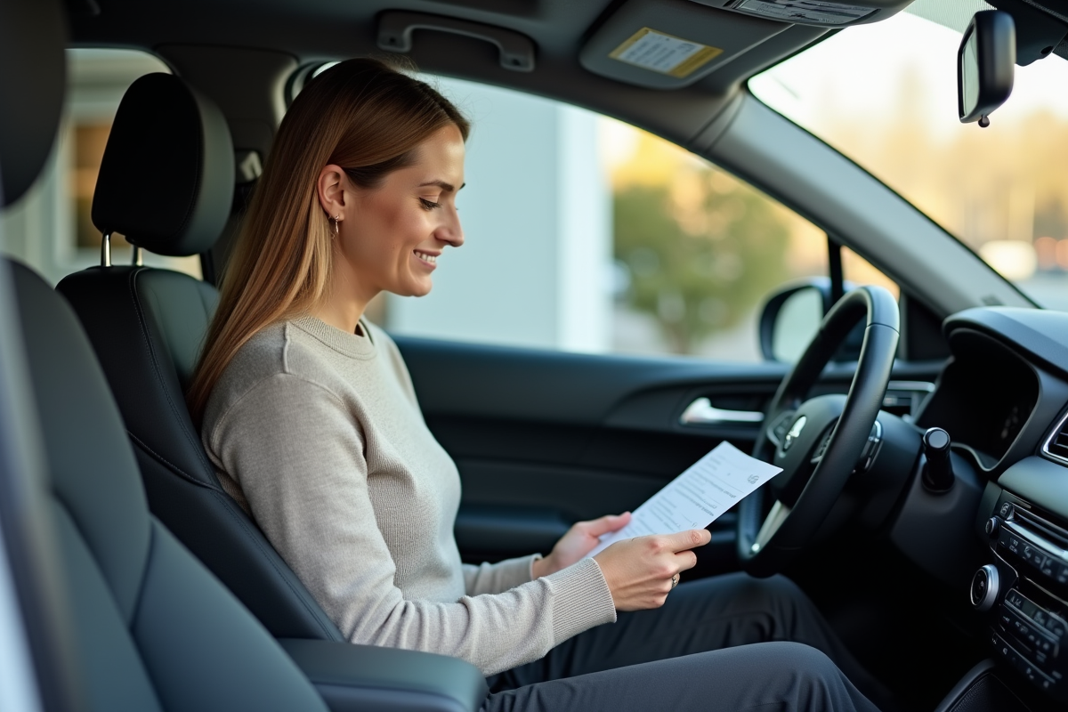 Femme souriante lisant une checklist dans une voiture d