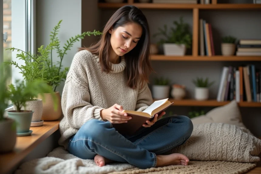 Femme lisant dans un coin lecture chaleureux