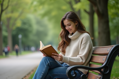 Femme lisant dans un parc verdoyant avec sourire serein