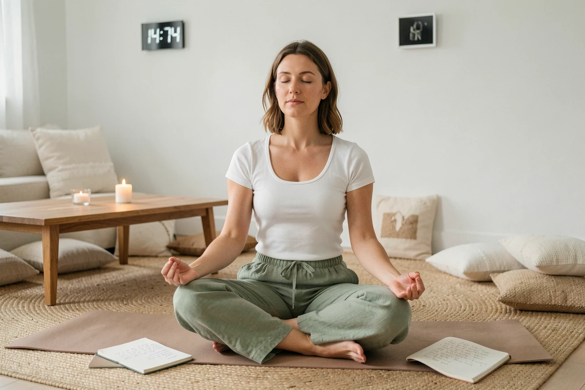 Femme en méditation dans un salon minimaliste avec une horloge affichant 14h14 en arrière-plan