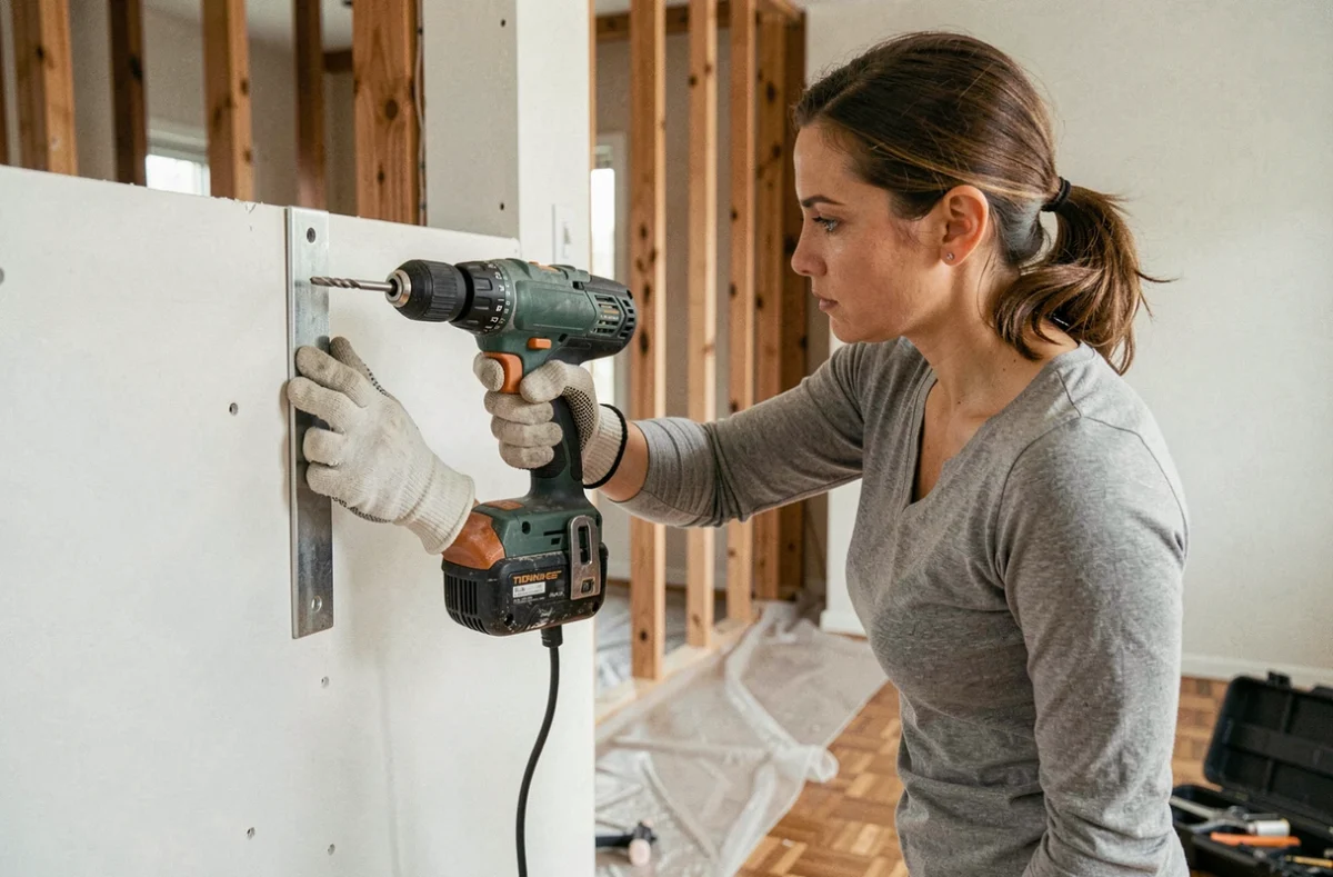 Femme bricolant une cornière en L acier sur une cloison lors de travaux de rénovation intérieure