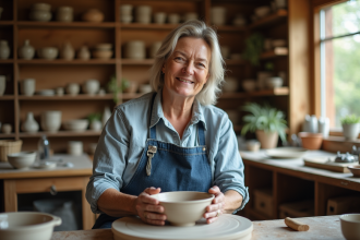 Femme d'âge moyen façonnant une pièce en argile dans un atelier lumineux