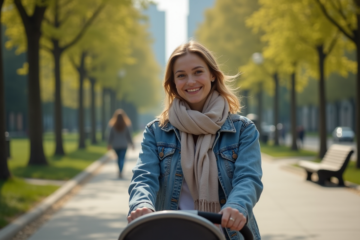 Femme avec poussette dans un parc urbain en matinée