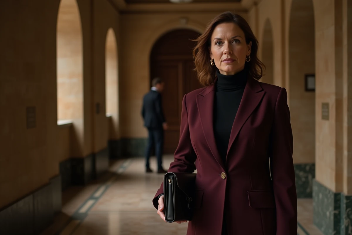 Femme en blazer bordeaux dans un couloir institutionnel en marbre, symbolisant les jeux de pouvoir politiques et les coulisses du pouvoir