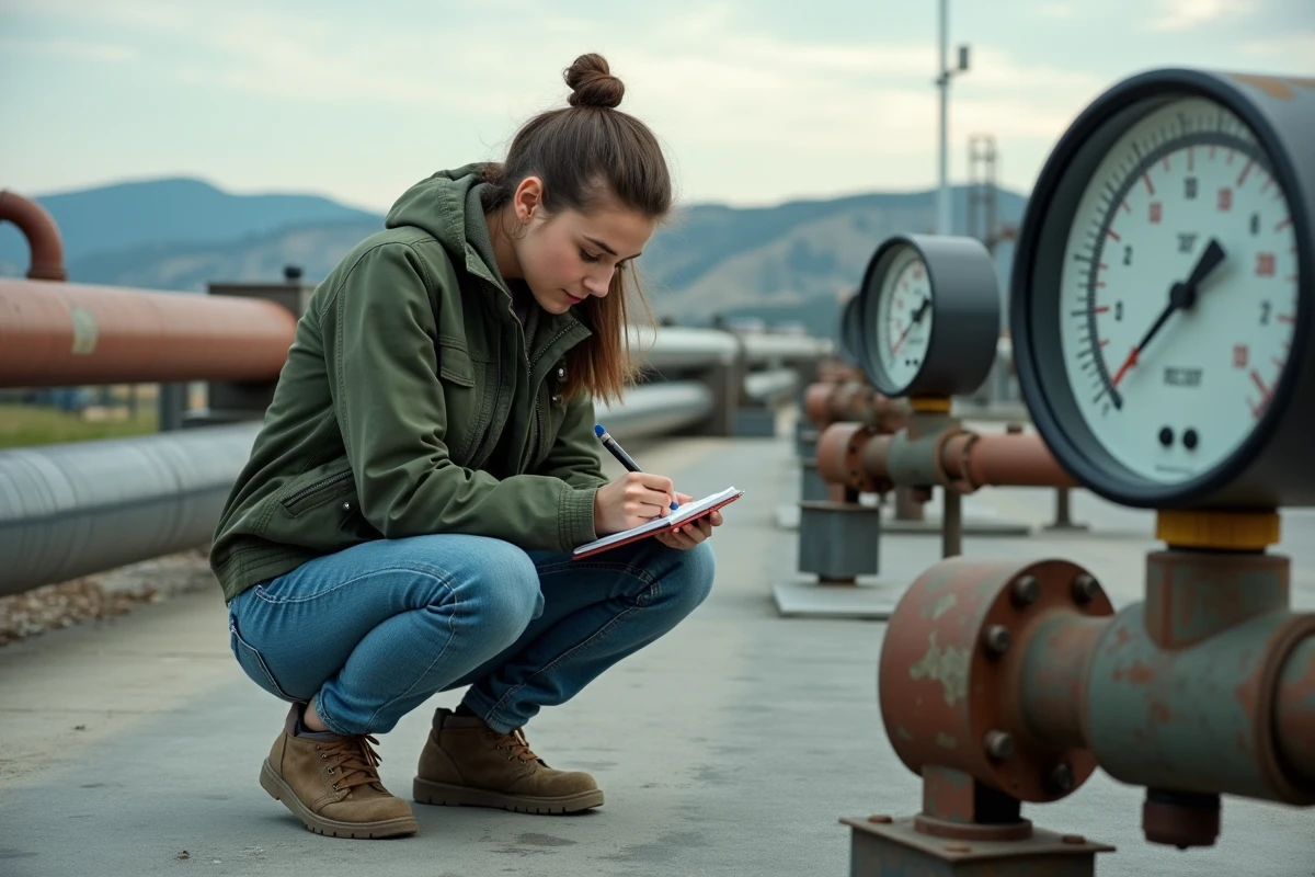 Jeune femme vérifiant un manomètre sur un site industriel