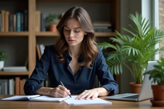 Femme française au bureau à domicile en train de réviser ses écrits