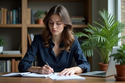 Femme française au bureau à domicile en train de réviser ses écrits