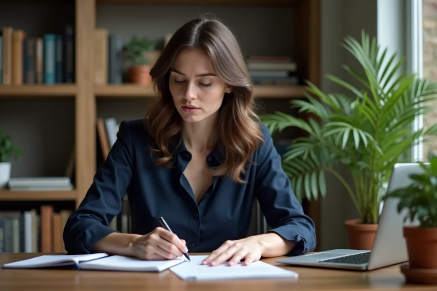 Femme française au bureau à domicile en train de réviser ses écrits