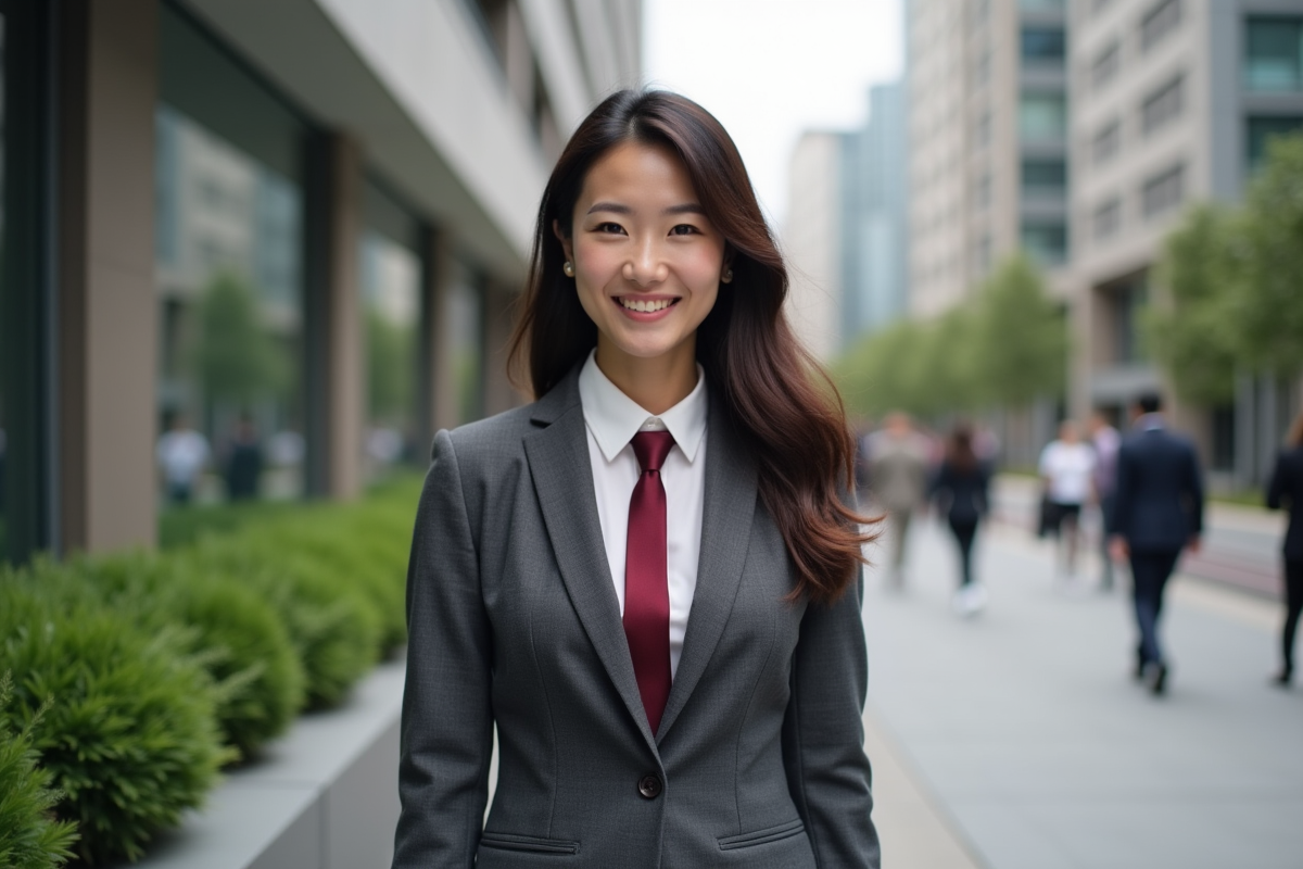 Femme en blazer et cravate dans une rue urbaine animée