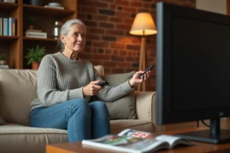Femme regardant la télévision le soir avec un programme TV ouvert sur la table basse