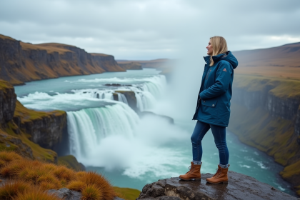 Femme en veste bleue sur un rocher face à Gullfoss