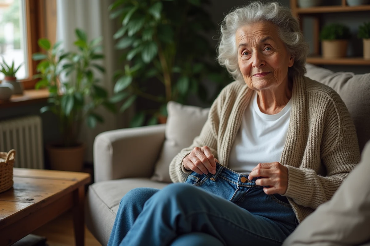 Femme âgée plie ses jeans en intérieur